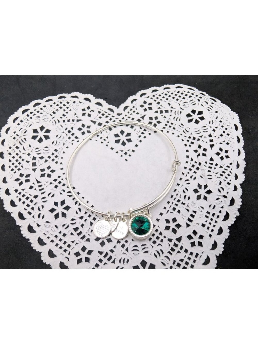 Alex and Ani Bangle Birthstone May Emerald marked 'LUCK' silver tone